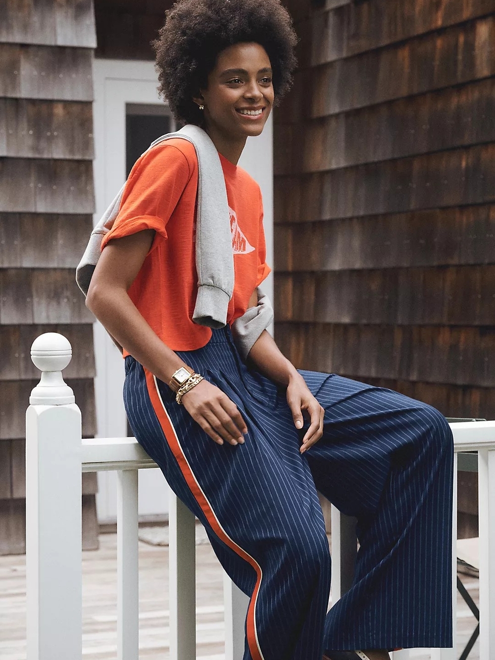Maeve Navy Pinstripe Wide-Leg Pants with Orange Side Stripe - Picture 5 of 8